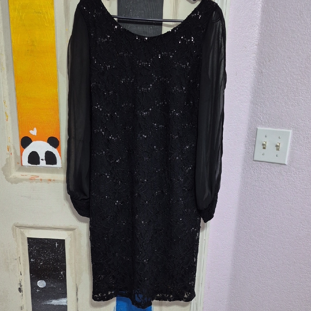 Scarlett Black Sequin Sheath Dress with Bishop Sleeves